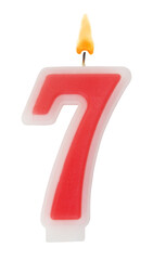 Red birthday candle isolated on white background, number 7