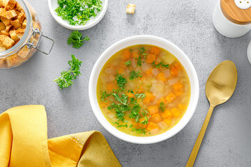 Pea soup with vegetables and parsley - obrazy, fototapety, plakaty
