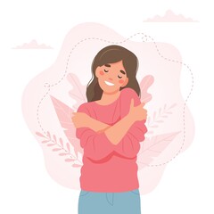 Self love concept, woman hugging herself, illustration in flat style - obrazy, fototapety, plakaty