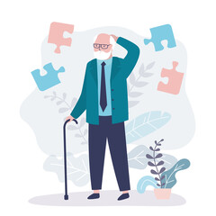 Elderly man with Alzheimer's disease. Grandfather's thoughts get confused in head