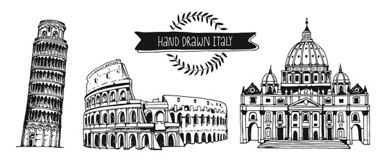 Italy vector set, hand drawn collection of Italian landmarks: Tower of Pisa, Coliseum and St. Peter's Basilica, isolated on white background
