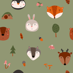 Faces of scandinavian animals with forest motifs seamless pattern