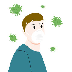 The man wearing mask protect himself from coronavirus and coronavirus flowing around him.illustrations on white background.
