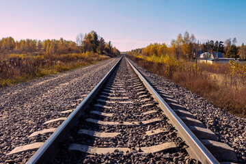 Fototapeta premium A single track railway in a forest belt. An industrial landscape with a railway. Perspective, the rails rush into the distance towards the horizon. Infinity, space.