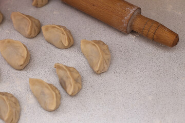 Uncooked russian pelmeni on cutting board and ingredients for homemade pelmeni on white table. Process of making pelmeni, ravioli or dumplings with meat