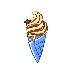 Flat vector illustration of ice-cream in waffle cone. Chocolate ice cream with sprinkles in blue cone isolated on white background. Idea for a packing, poster, sticker, postcard, web design and so on.