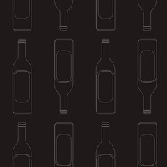 Seamless pattern of bottle of wine. White bottles on black background. Design element for tasting, menu, wine list, winery, shop. Vector one line style illustration