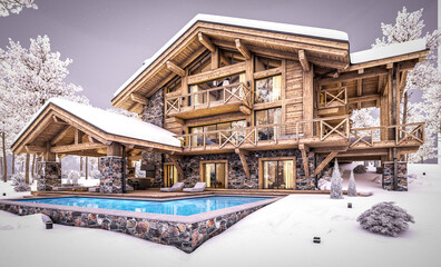 3d rendering of modern cozy chalet with pool and parking for sale or rent. Beautiful forest mountains on background. Massive timber beams columns. Cool winter evening with cozy light from windows