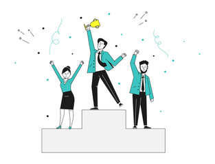 People stand on podium. Ranking competition rewarding