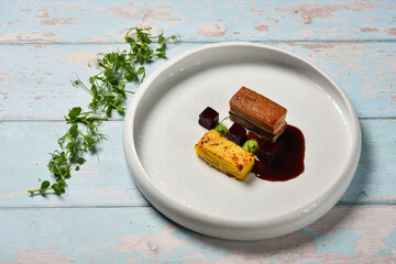 Fine dining, Pork belly with beetroot