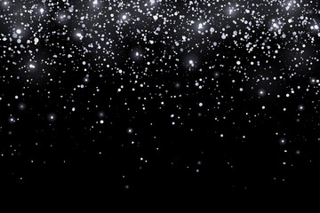 Silver glitter holiday confetti with glow lights on black background. Vector