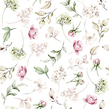 Seamless background, floral pattern with watercolor flowers pink and burgundy roses. Repeat fabric wallpaper print texture. Perfectly for wrapped paper, backdrop. © Larisa