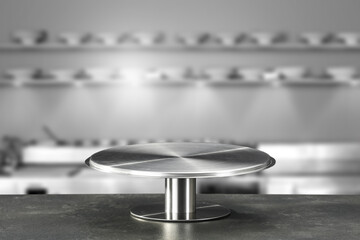 Silver pedestal of free space and kitchen interior. 