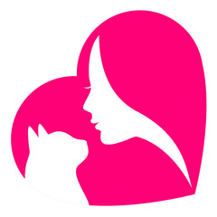 The stylized image of female and feline silhouettes inside a pink heart, symbolizing love for a cat, adoption of homeless animals, pet care. Vector illustration isolated on white background.