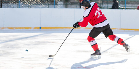 Professional ice hockey player in attack on the rink. Image with copy space