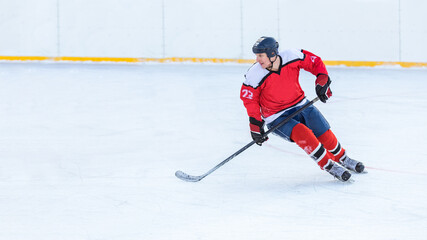 Professional ice hockey player on defending position on the rink. Image with copy space