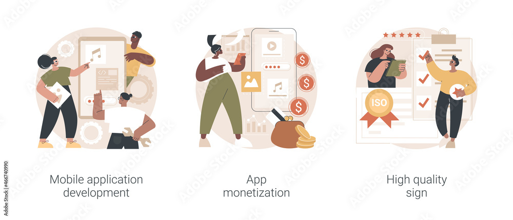 Poster frontend software abstract concept vector illustration set. mobile application development, app mone