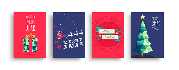 Obraz na płótnie Canvas Merry Christmas low poly gift card template set