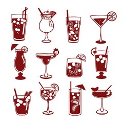 Set of alcoholic cocktails Pina colada, aperol shpritz, margarita, mojito, blue lagoon, long island, bloody mary, cosmopolitan, daiquiri, tequila sunrise, gin tonic Simple vector illustration