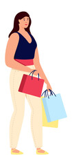 Woman carry shopping bags. Happy customer on sale