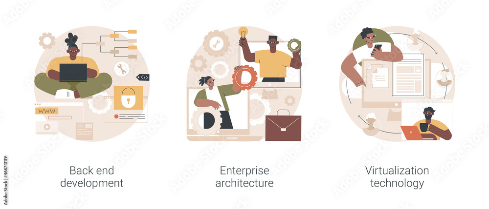 Poster enterprise software abstract concept vector illustration set. back end development, enterprise archi