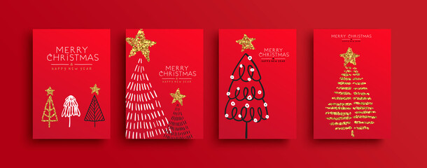 Christmas New Year gold glitter pine tree card set