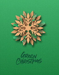 Green Christmas paper cut snowflake leaf card