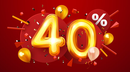 40 percent Off. Discount creative composition. 3d golden sale symbol with decorative balloons and confetti. Sale banner and poster.