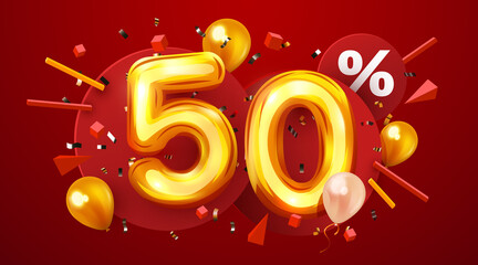 50 percent Off. Discount creative composition. 3d golden sale symbol with decorative balloons and confetti. Sale banner and poster.