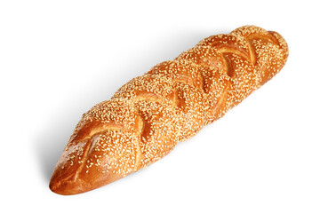 Braided baguette with sesame seeds.
A long braided, sweet bread product sprinkled with sesame seeds on top