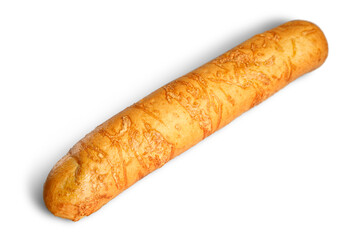 A long French baguette topped with baked cheese