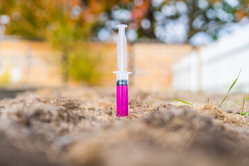A syringe with a bright pink glowing liquid inserted into a garden bed