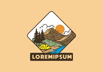 Line art illustration drawing of mountain lake camping