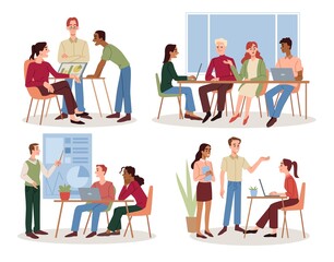 Office staff set. Employees works together and discusses project or task detail. Meeting of managers for training and professional development. Cartoon flat vector illustration isolated on white