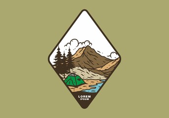 Line art illustration drawing of mountain lake camping