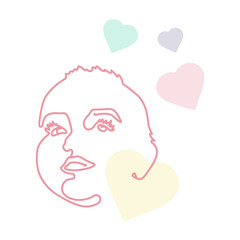 Face line art 1. Baby in pastel colors with a heart. Girl