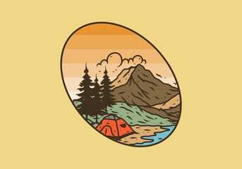 Line art illustration drawing of mountain lake camping