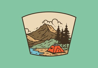 Line art illustration drawing of mountain lake camping