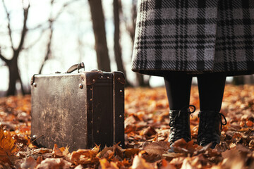 a traveler with an old suitcase is standing in the fallen leaves, an autumn journey