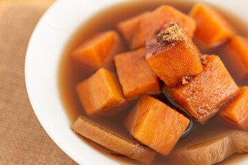 Close-up, Traditional Thai food, Sweet potato with ginger soup (Thai Dessert), Sective focus
