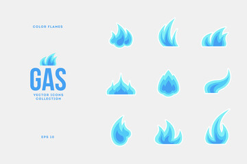 Vector set of isolated natural gas flames. Blue burning gas icons, flat style industry clipart collection.