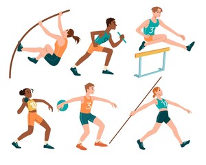 Sport of athletics Set. Men and women run marathon, jump over obstacles, throw shot, spear or disc. Strong characters in competitions. Cartoon flat vector collection isolated on white background