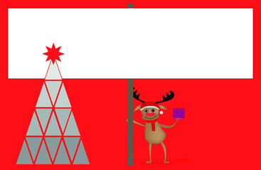 Christmas reindeer holding a sign for text with abstract christmas tree. Reindeer with Christmas present. Greeting card Template