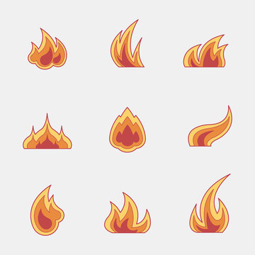 Vector collection of flat style fire vector icons. Burning flame clip art set. Energy power symbol