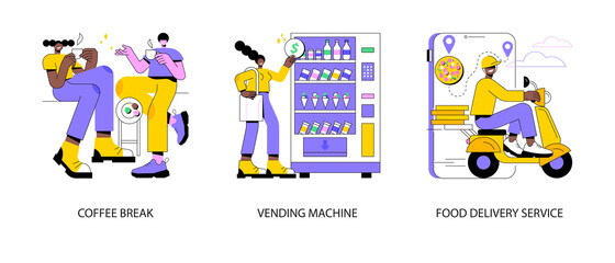 Office lunch abstract concept vector illustration set. Coffee break, vending machine, food delivery service, hot drink, take away, snack and beverage, pizza and sushi online menu abstract metaphor.