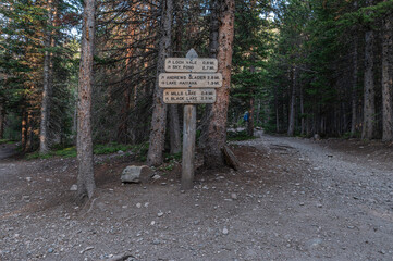 Trail junction sign in Rocky Mountain National Park