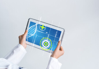 Close of female doctor hands working with tablet pc computer