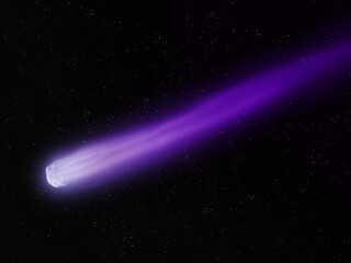 Bright comet in the night sky with a long tail of gas and dust against the background of stars 