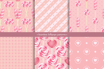 Festive vector realistic striped twisted lollipops seamless patterns set. Collection of pink backgrounds with three-dimensional spiral colorful glossy candies on sticks and hearts for valentine's day