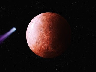 Naklejka premium Realistic red exoplanet in deep space, beautiful stone planet with a comet. 